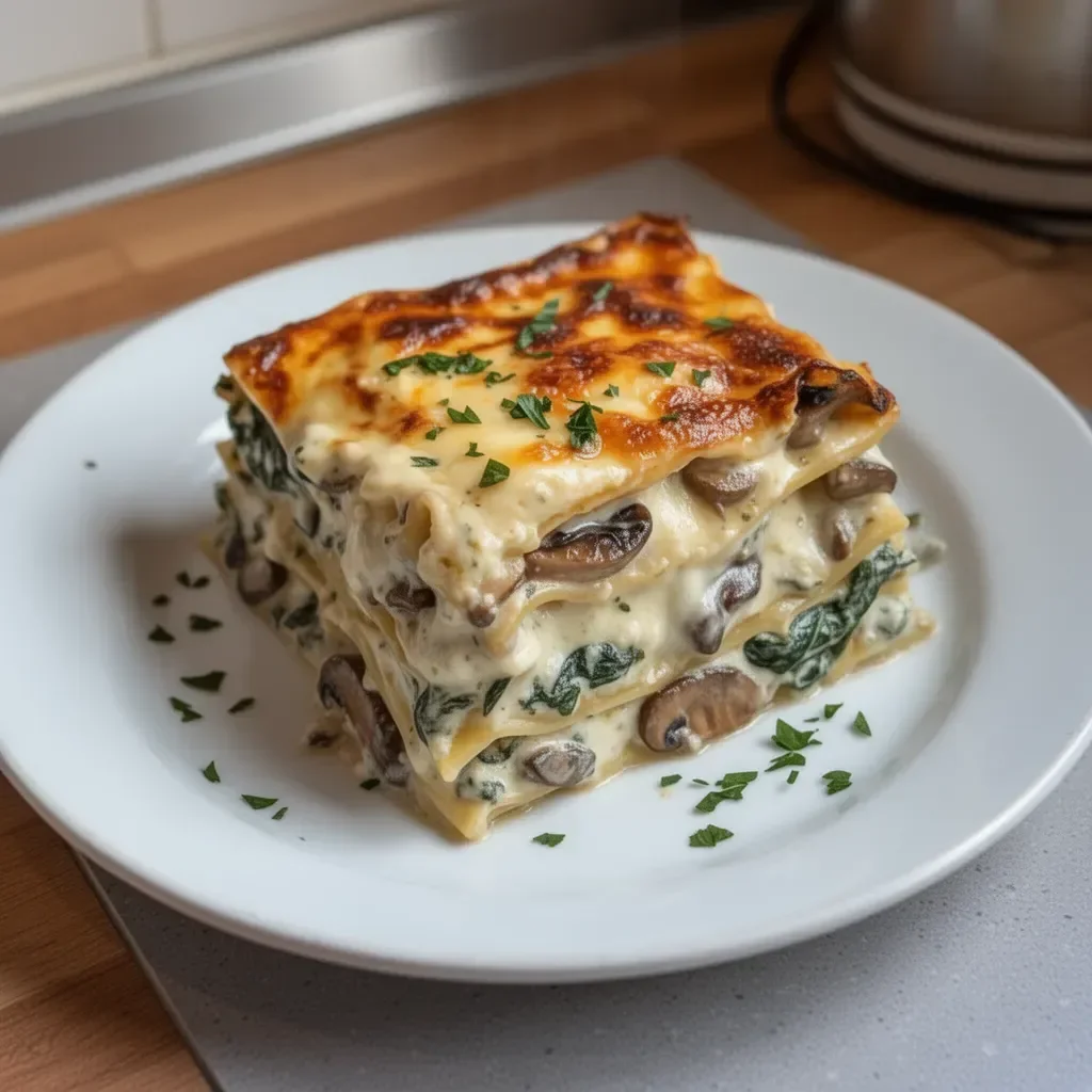 Lasagne crémeuse aux épinards et champignons, plat savoureux et réconfortant.