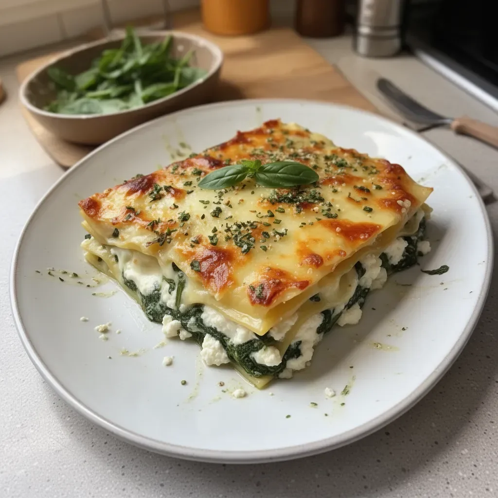 Lasagnes aux épinards et ricotta prêtes à être servies dans un plat.