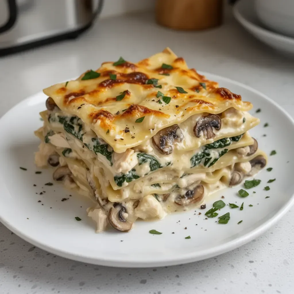 Lasagnes blanches au poulet, épinards et champignons, plat savoureux et crémeux