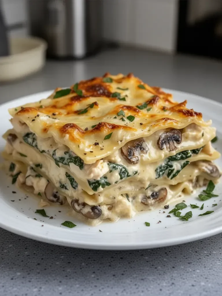 Lasagnes Blanches au Poulet, Épinards et Champignons