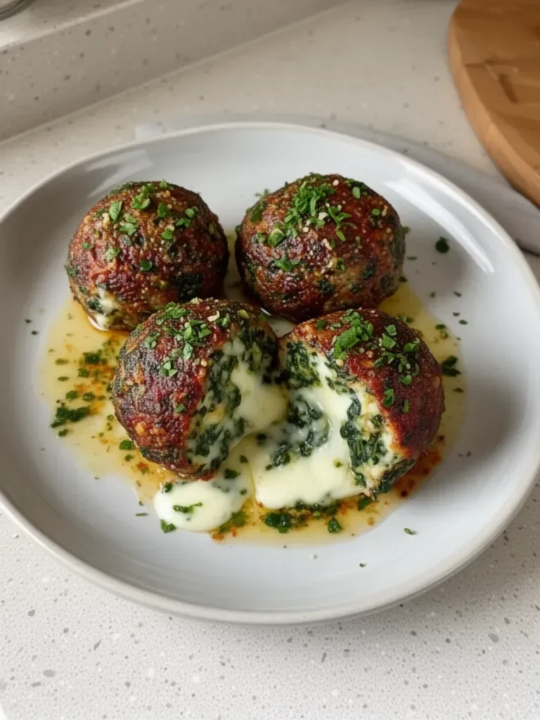 Meatballs savoureux avec des épinards, de l'ail et de la mozzarella fondante