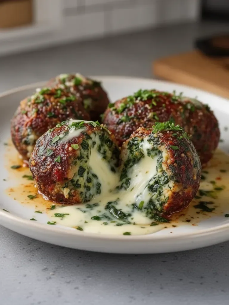 Meatballs with spinach and garlic stuffed with mozzarella