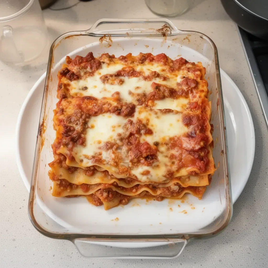 Une délicieuse assiette de lasagne maison avec sauce et fromage fondant.