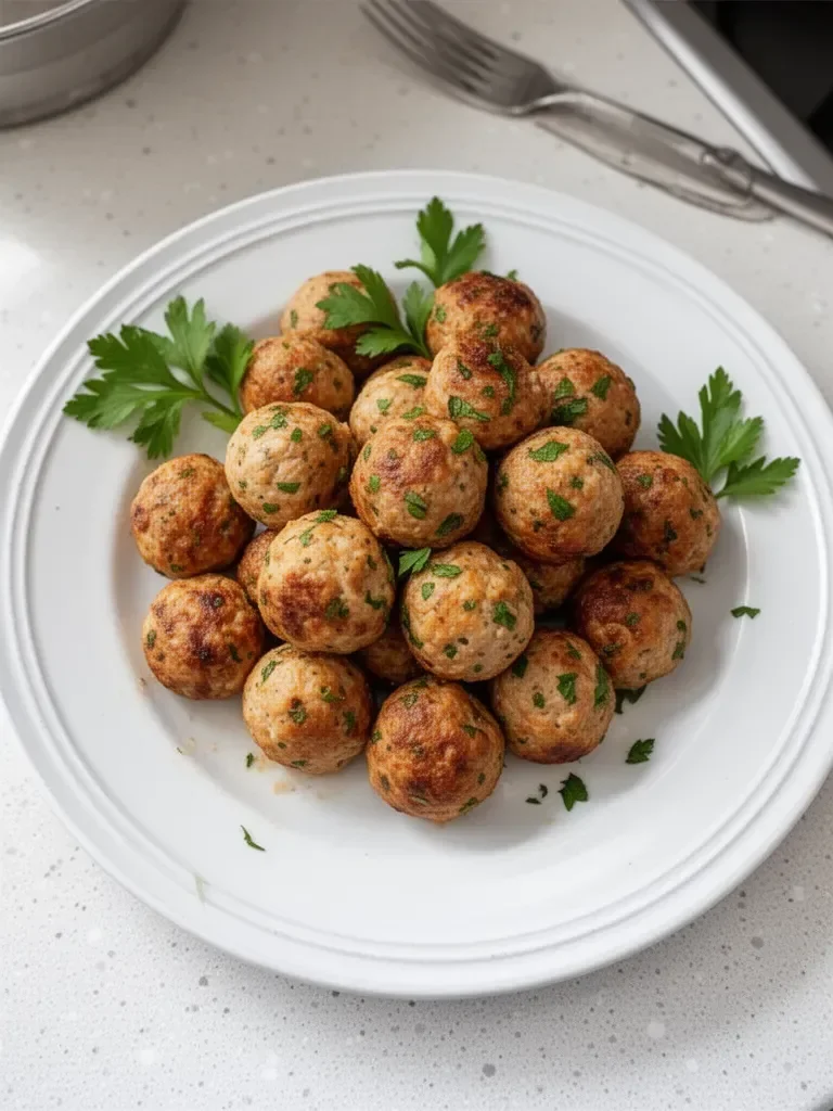 Boulettes de viande de dinde dorées au four, prêtes à être servies.