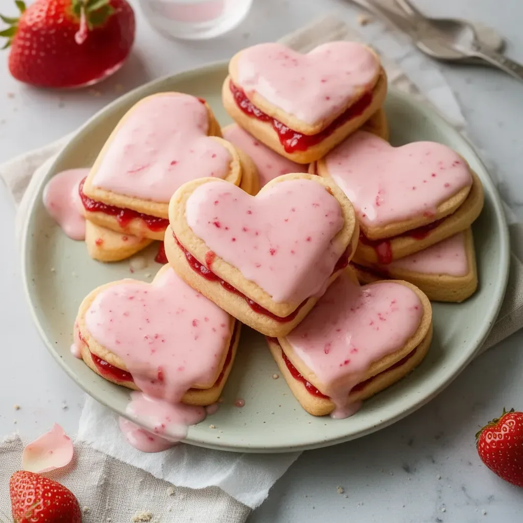 Biscuits sablés en cœur avec des fraises sur une assiette