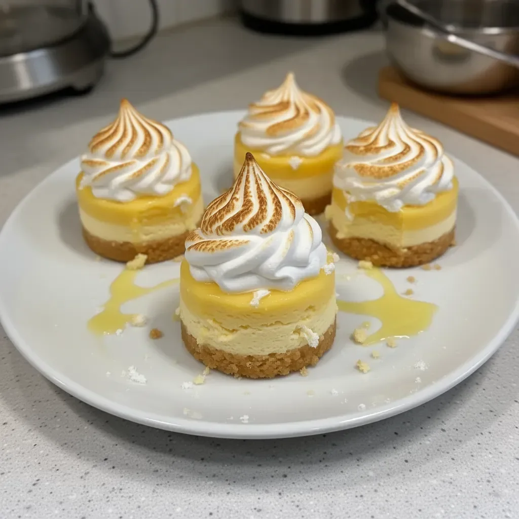 Mini cheesecakes citron meringué garnis et présentés sur une assiette