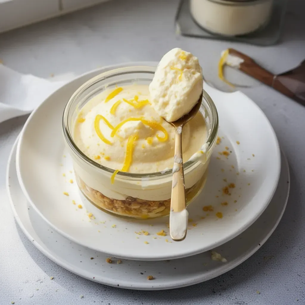 Mousse au citron on a dessert plate, garnished with lemon zest