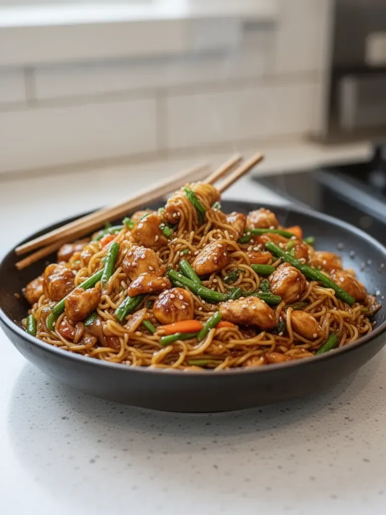 Nouilles sautées au poulet caramélisé