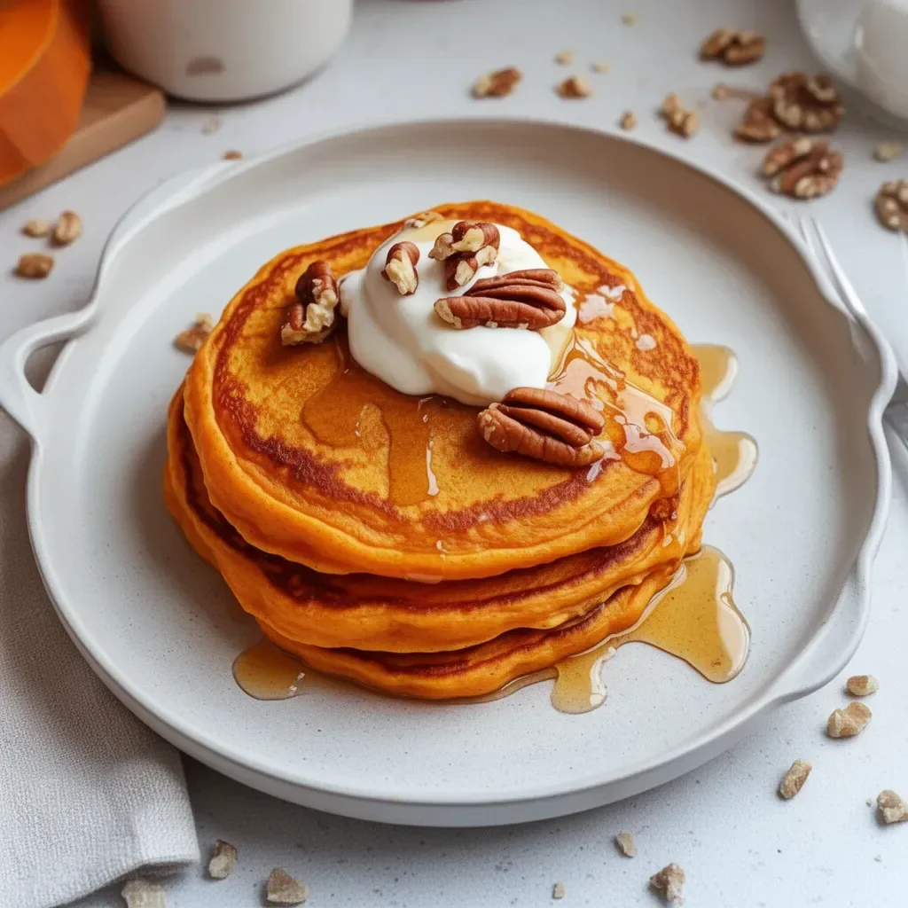 Pancakes de patates douces moelleux sur une assiette garnis de sirop d'érable.