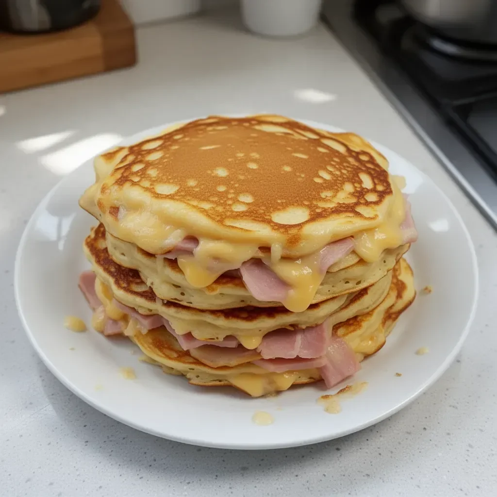 Pancakes Salés Jambon-Fromage garnis de fromage et de jambon