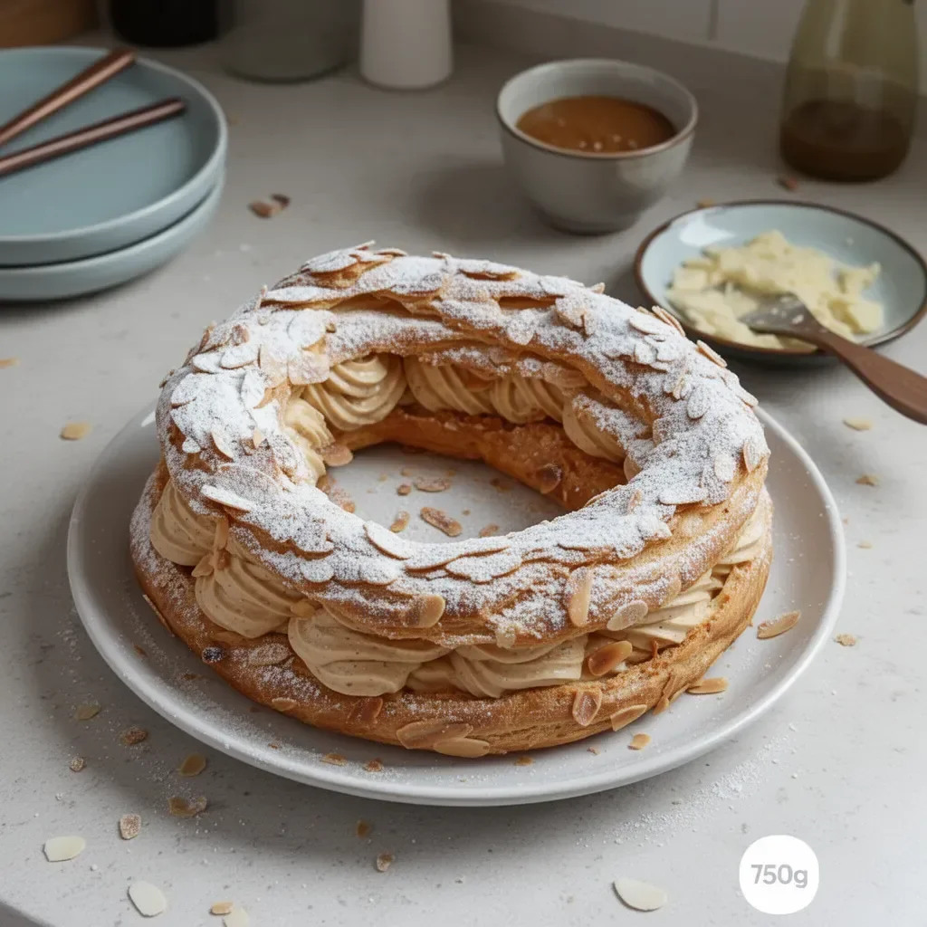 Pâtisserie Paris-Brest garnie de crème pralinée et décorée de noisettes