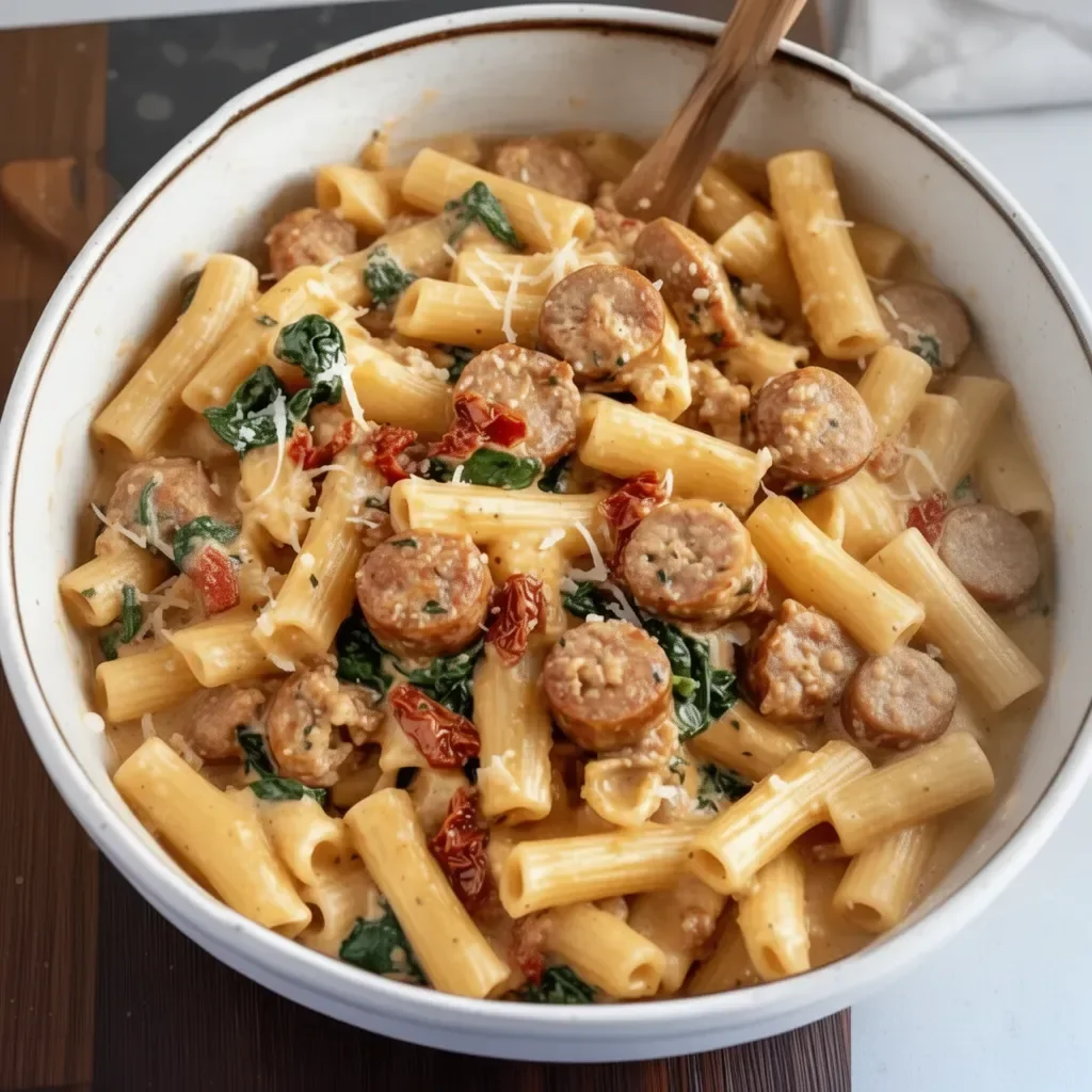 Pâtes crémeuses aux saucisses de Toscane, un plat savoureux et indulgent.