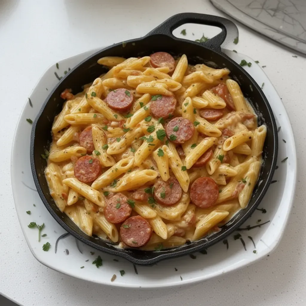 Pâtes Kielbasa en une seule casserole, plat savoureux et réconfortant.