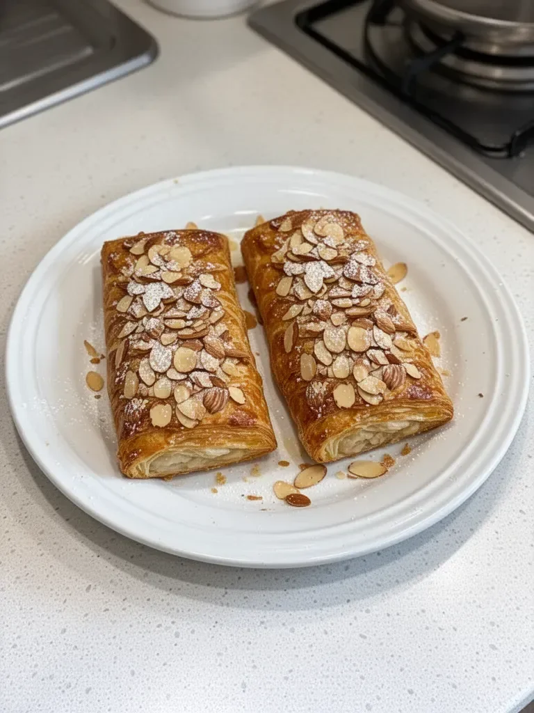 Pâtisserie sucrée aux amandes feuilletées avec une texture croustillante et gourmande.