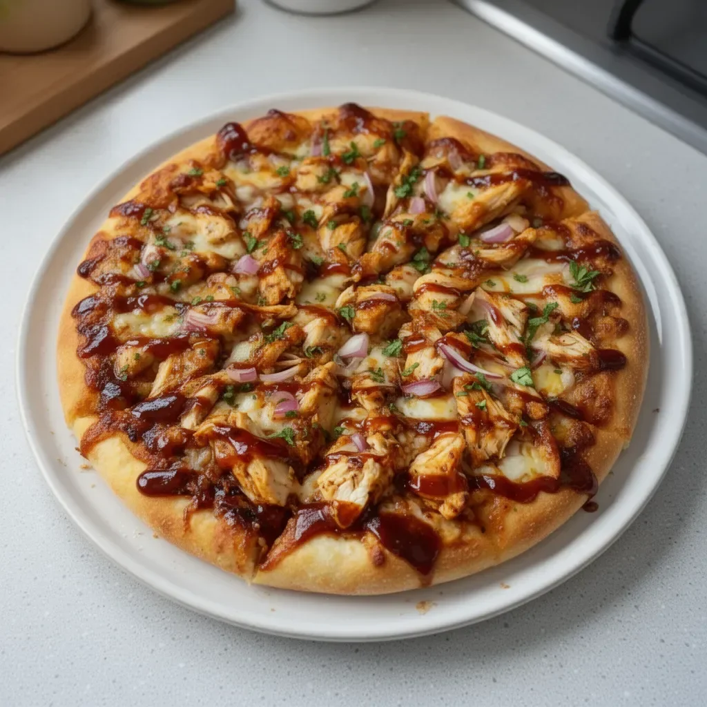 Pizza au Poulet Barbecue garnie de poulet, sauce barbecue et fromages fondus