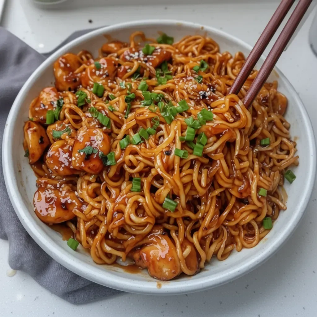 Recette de poulet aux nouilles à l'ail collant, plat savoureux et réconfortant.