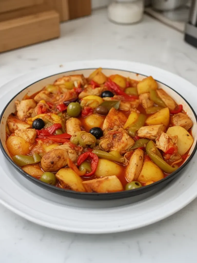 Poulet aux poivrons et pommes de terre en sauce tomate