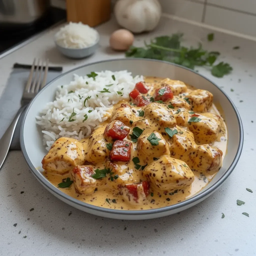 Recette de poulet crémeux servi avec du riz fondant et des herbes fraîches