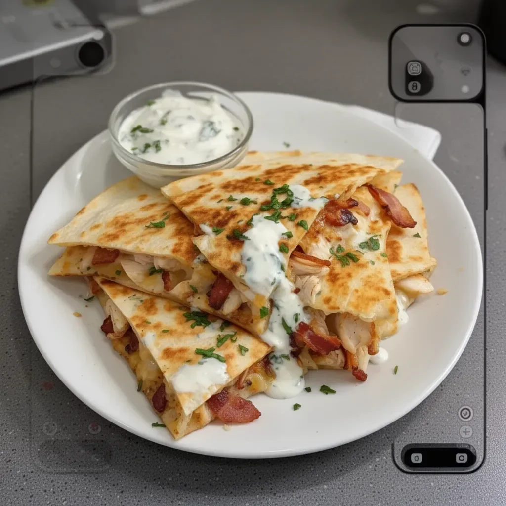 Quesadilla au poulet, bacon et ranch, prête à déguster.