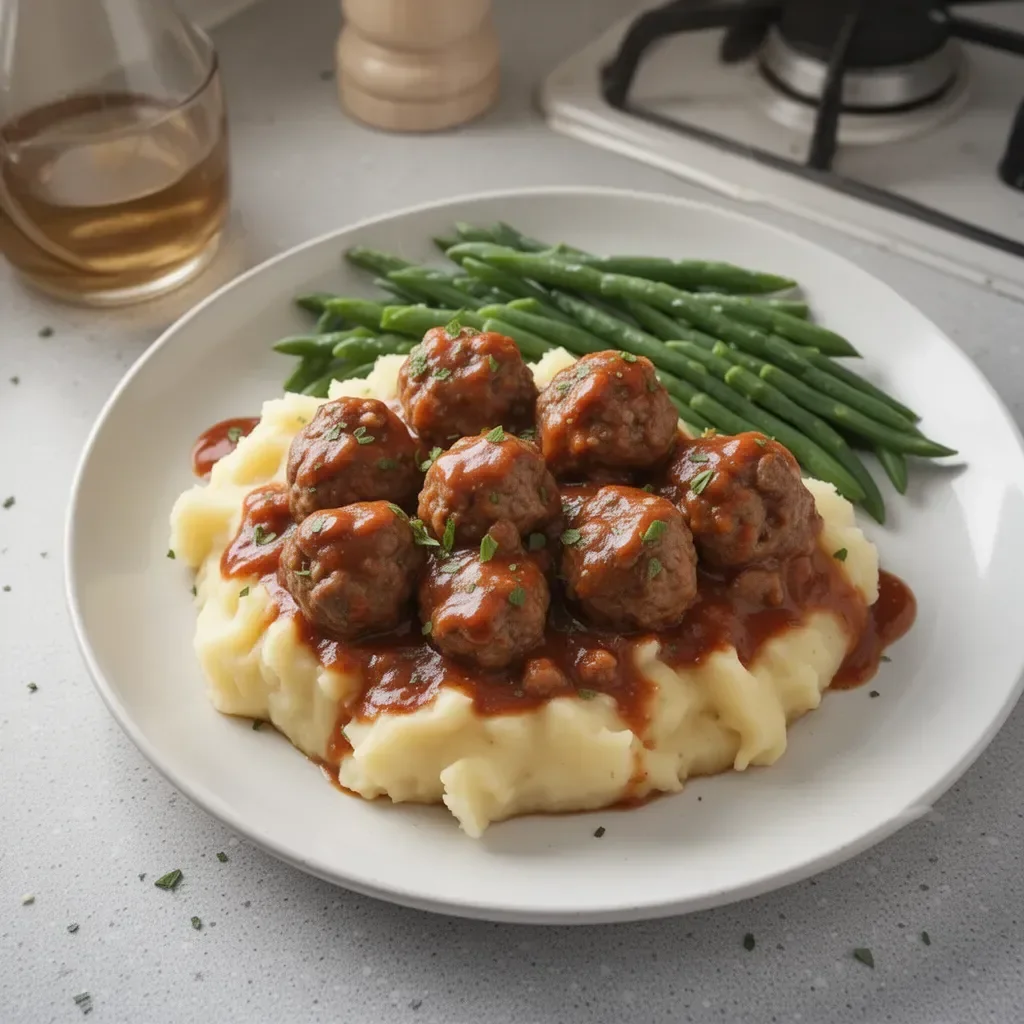 Boulettes de viande de Salisbury servies avec purée de pommes de terre.