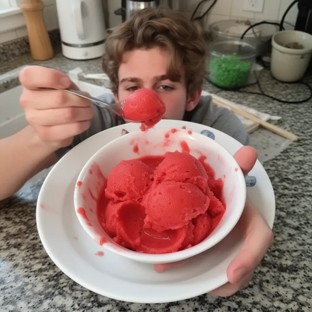 Bol de sorbet aux fraises maison avec des fraises fraîches sur le dessus