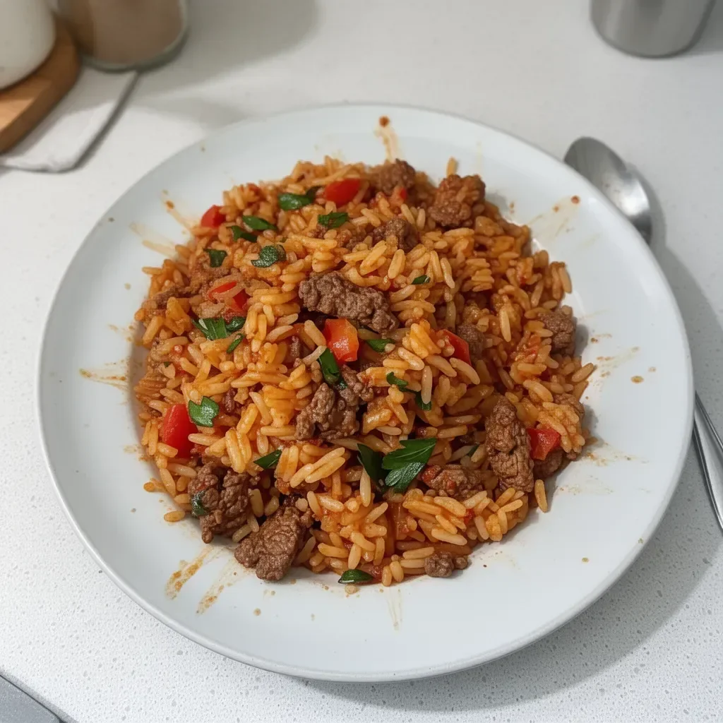 Riz et bœuf en une seule casserole, un plat savoureux et facile à préparer.