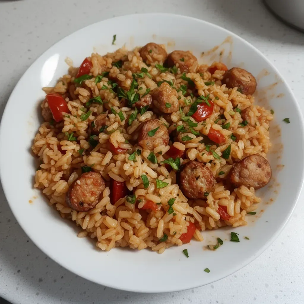 Plat de riz et saucisse italienne, savoureux et coloré.