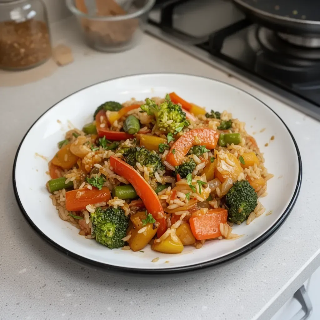 Image de riz sauté aux légumes dans un bol coloré