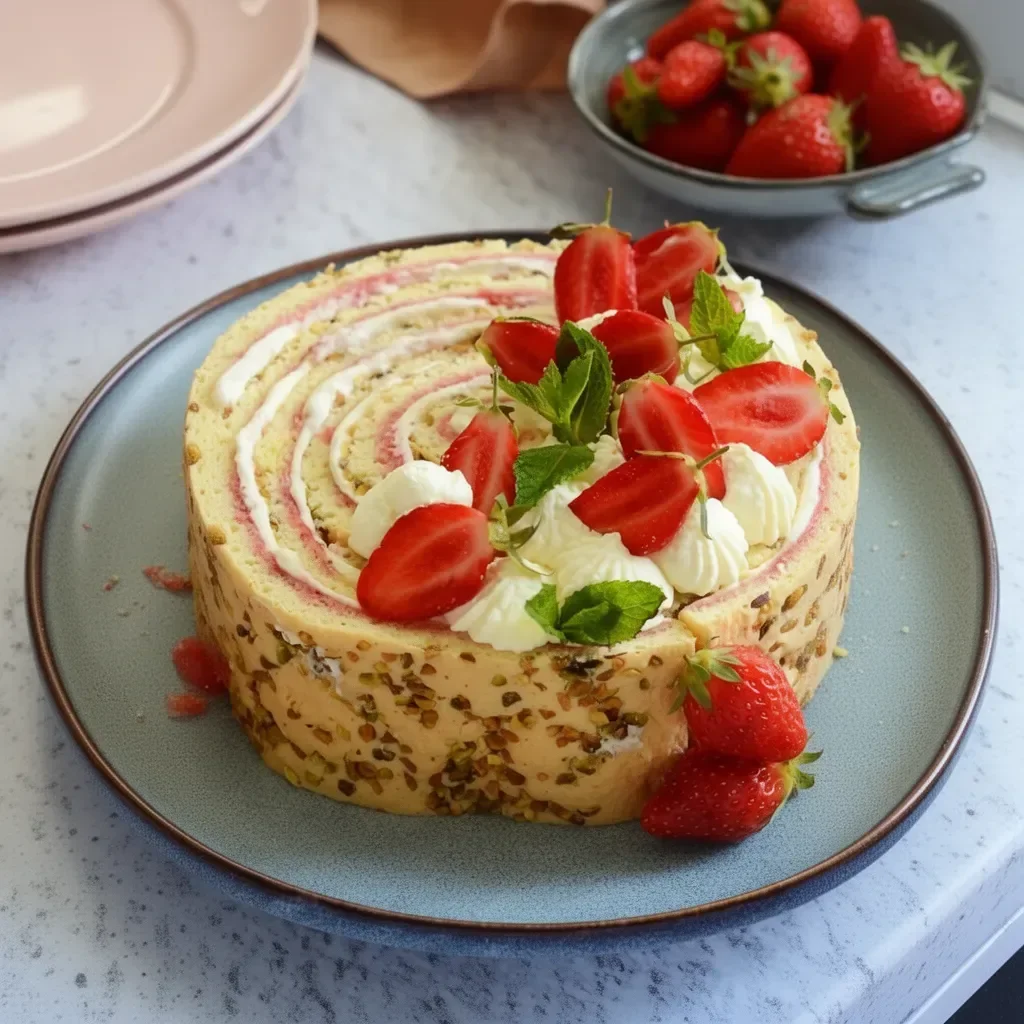 Roulé aux fraises délicieux avec crème et fraises fraîches