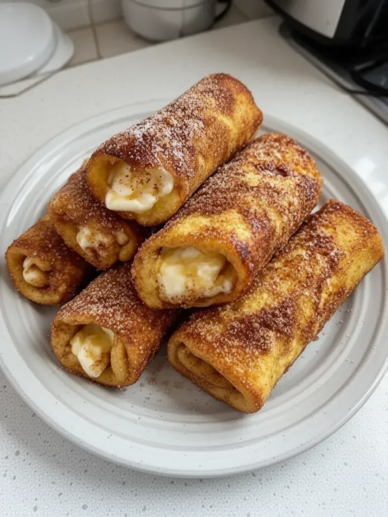 Roulés de Pain Perdu à la Cannelle et au Sucre sur une assiette décorative.