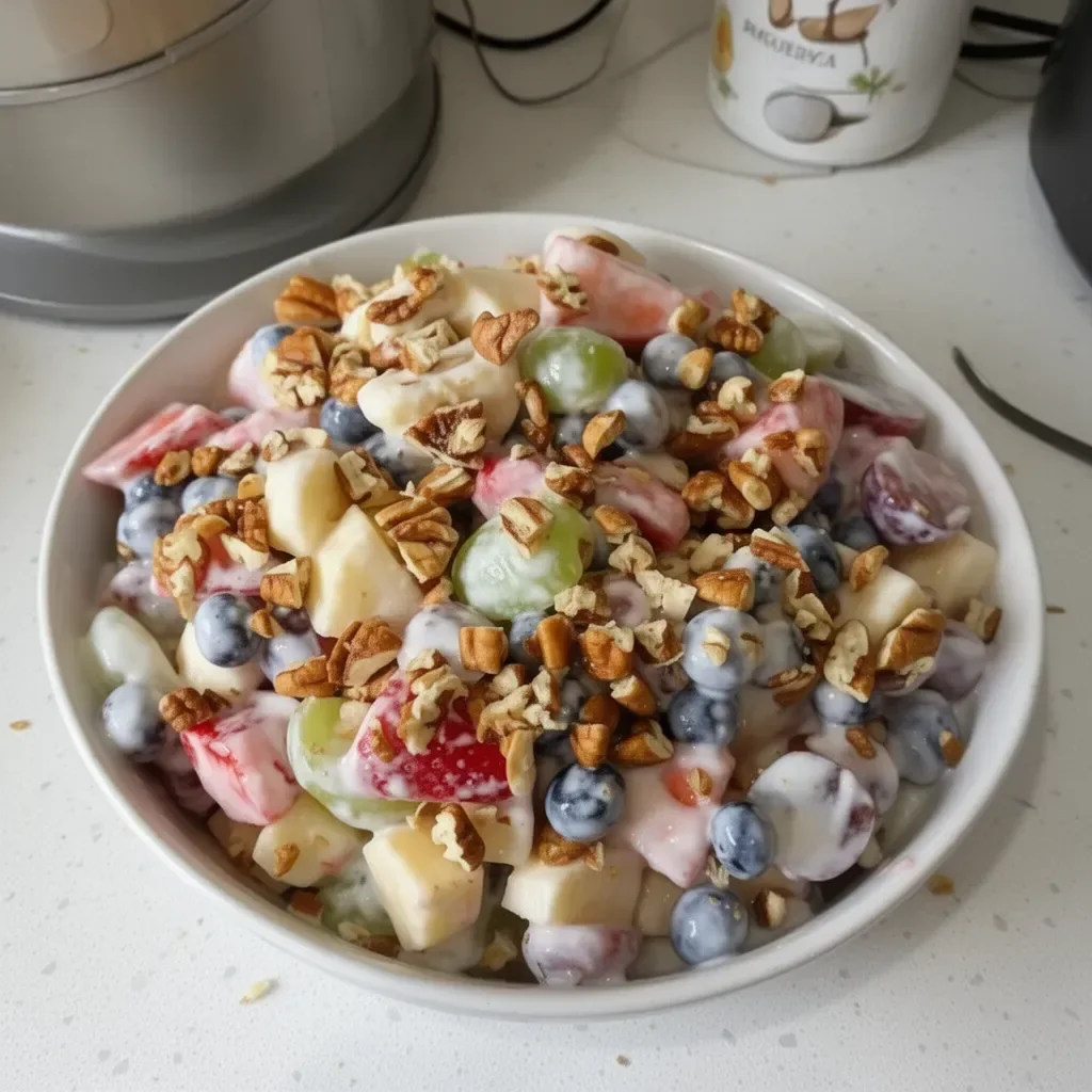 Salade de fruits colorée servie au petit-déjeuner dans un bol.
