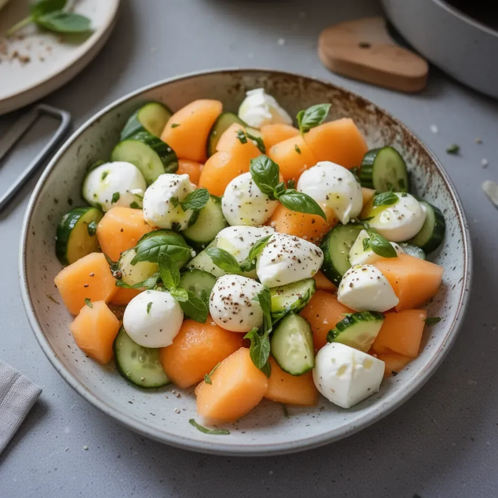 Salade de melon, concombre et feta dans un bol coloré.