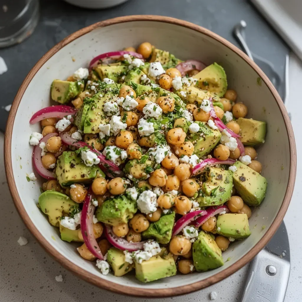 Salade de pois chiches avec feta et avocat, plat coloré et healthy