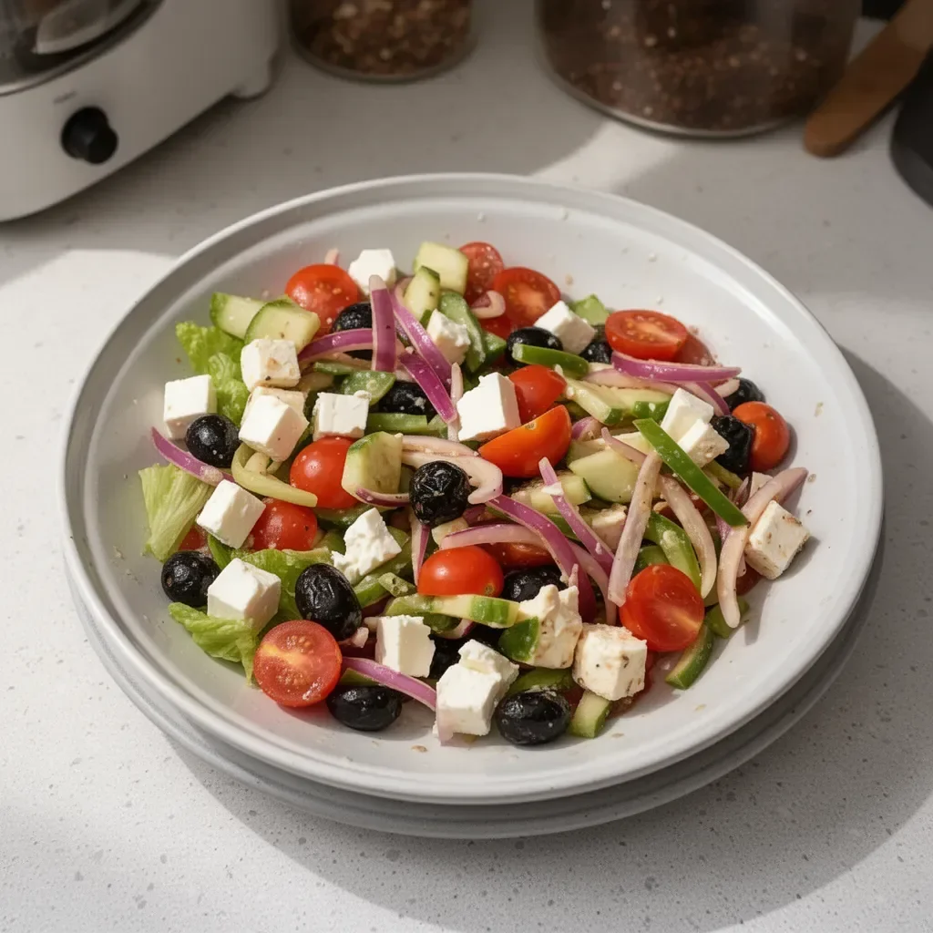 Recette de Salade Grecque avec tomates, concombres, feta et olives.