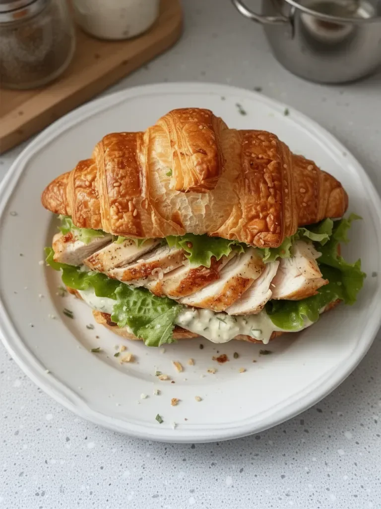 Sandwich au croissant de poulet César garnie de laitue et parmesan.