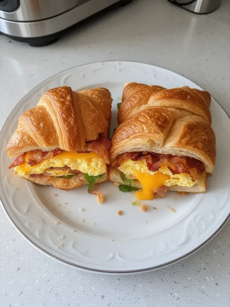 Délicieux croissant sandwiches au petit-déjeuner avec œufs et fromage