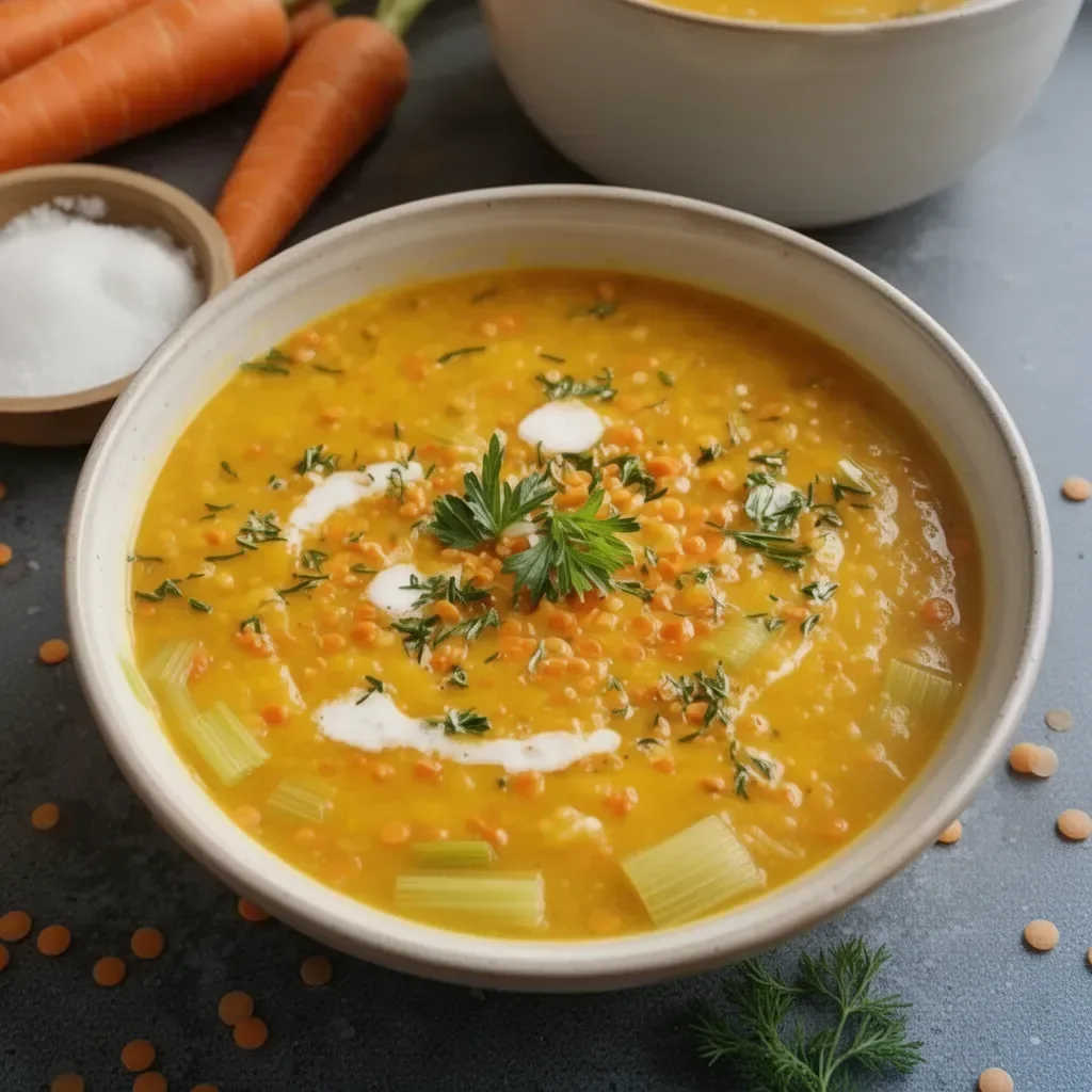 Soupe de lentilles corail avec carottes et poireaux dans un bol.