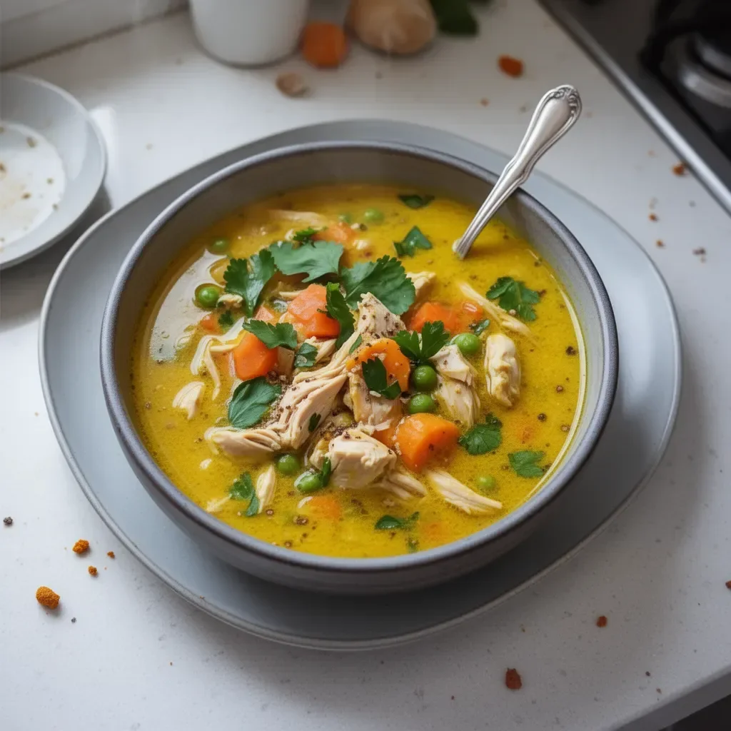 Soupe de poulet au curcuma dans un bol, garnie de légumes frais.