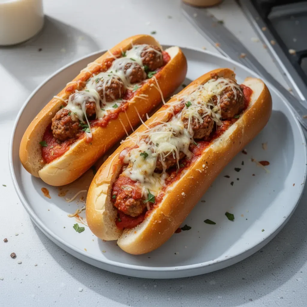 Sous-marins garnis de boulettes de viande au fromage sur un plateau.