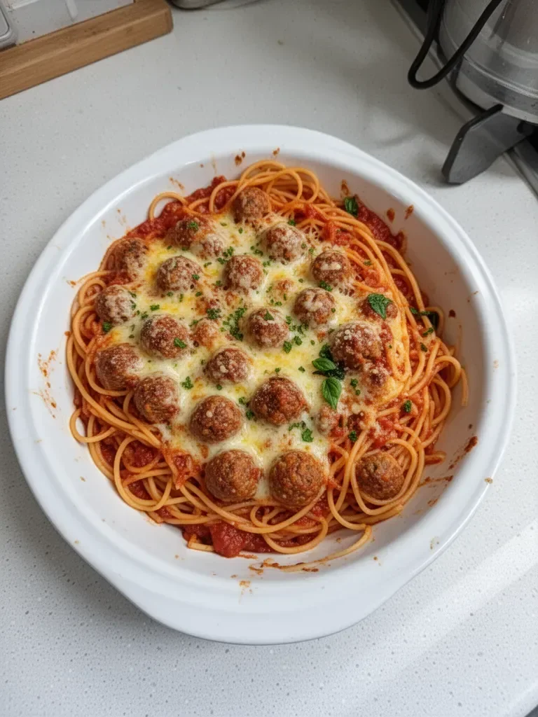 Spaghetti au four garnis de boulettes de viande savoureuses
