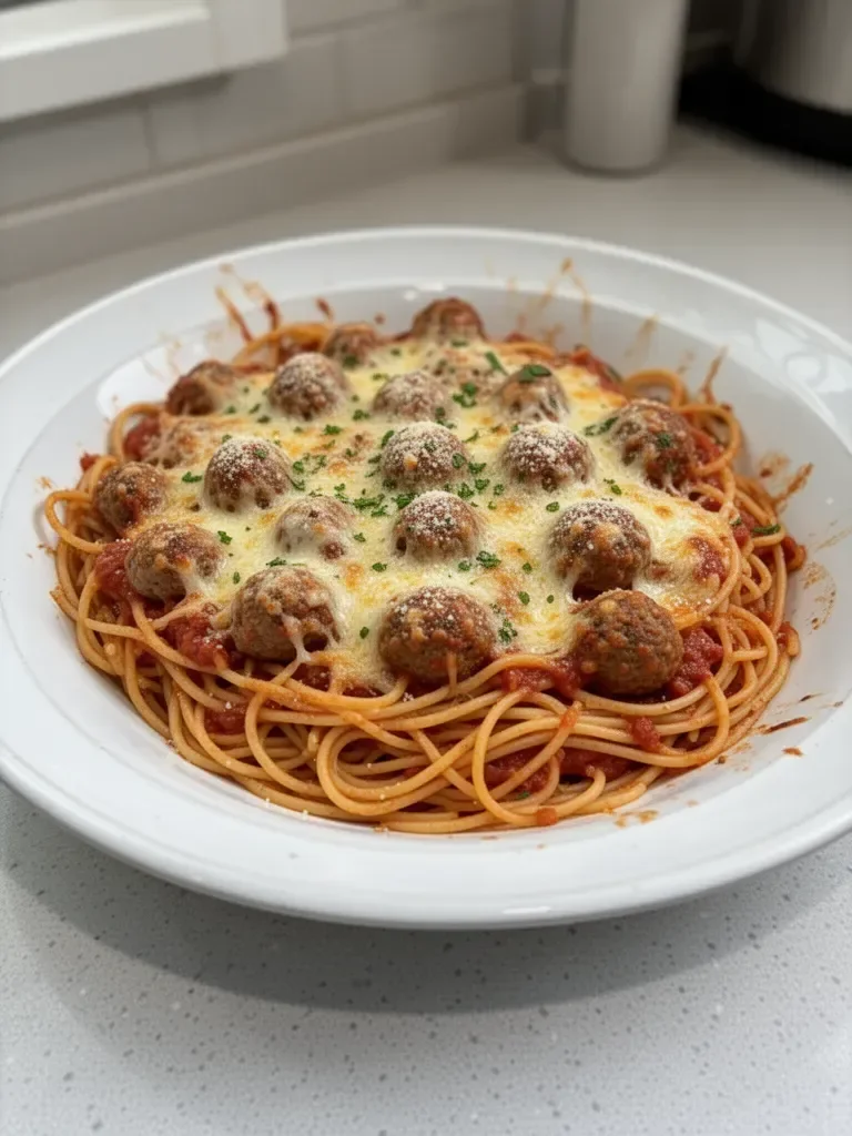 Spaghetti au four et boulettes de viande