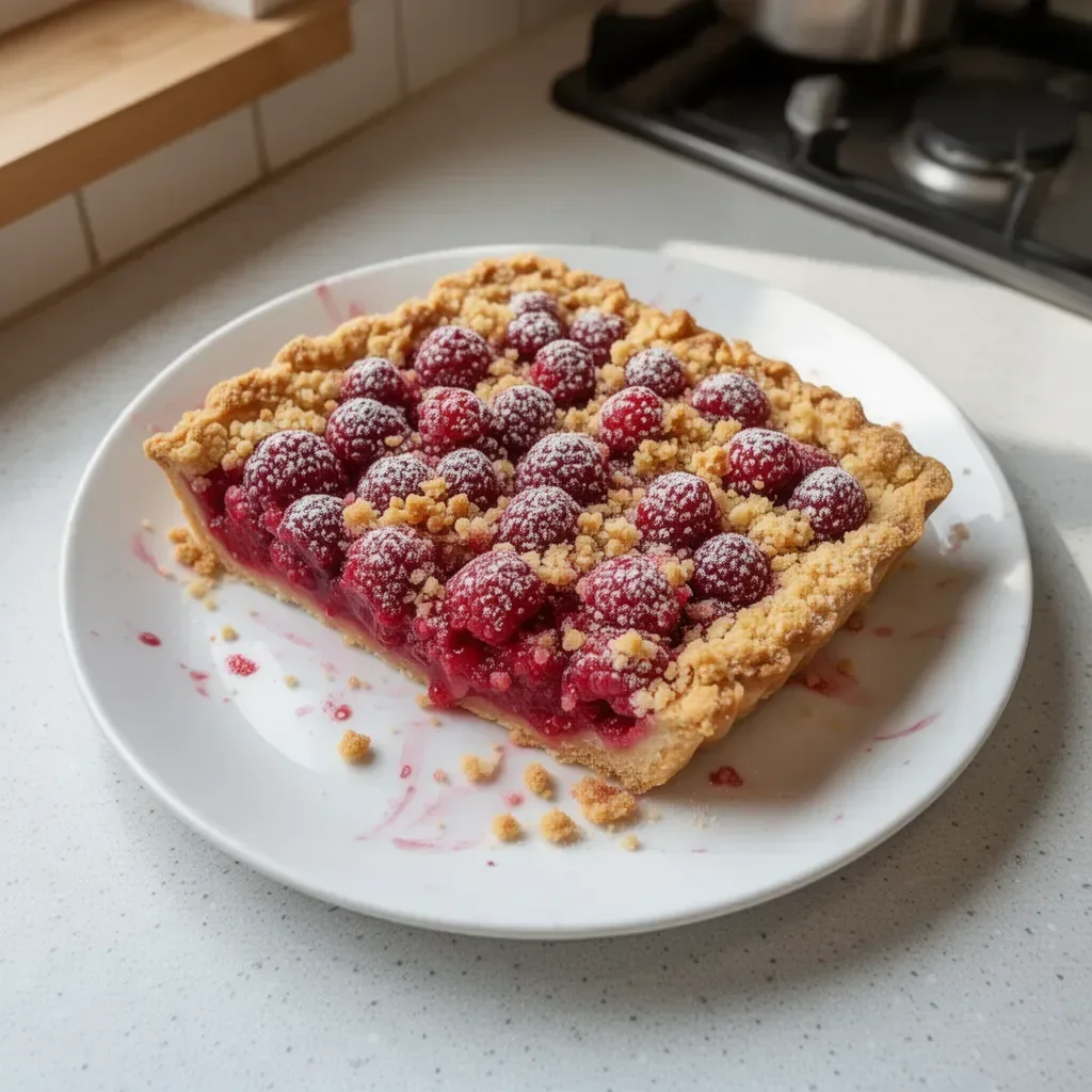 Tarte Crumble aux Framboises avec une croûte dorée et des framboises fraîches