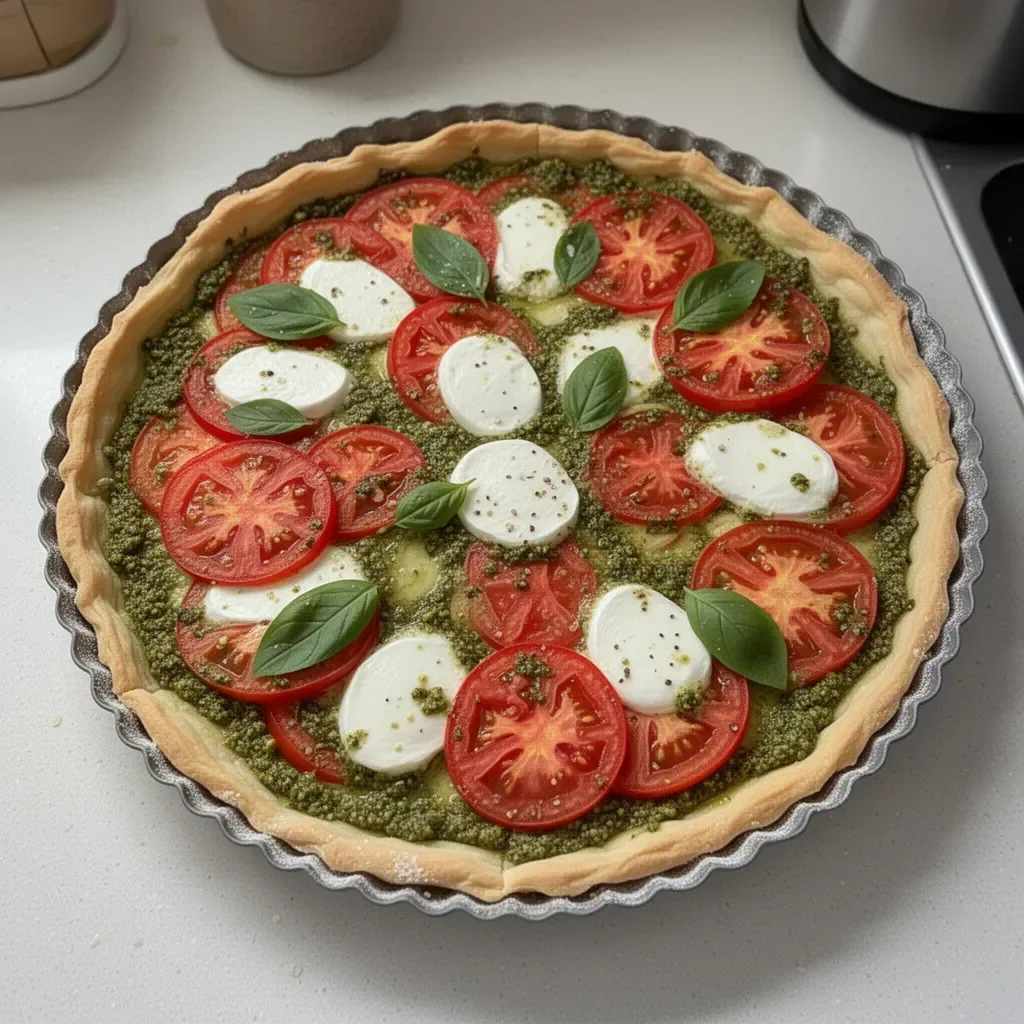 Tarte Tomate Pesto et Mozzarella servie sur une table en bois