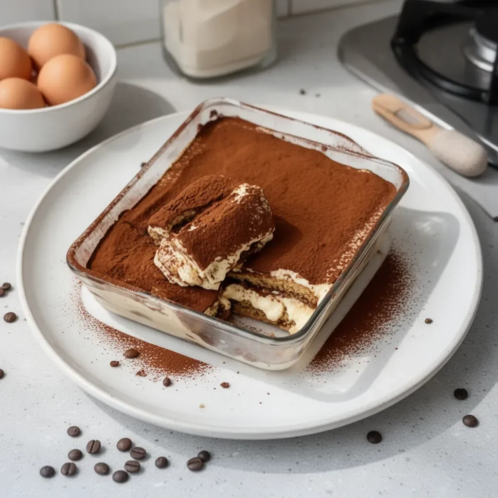 Un tiramisu maison avec couches de café, mascarpone et cacao