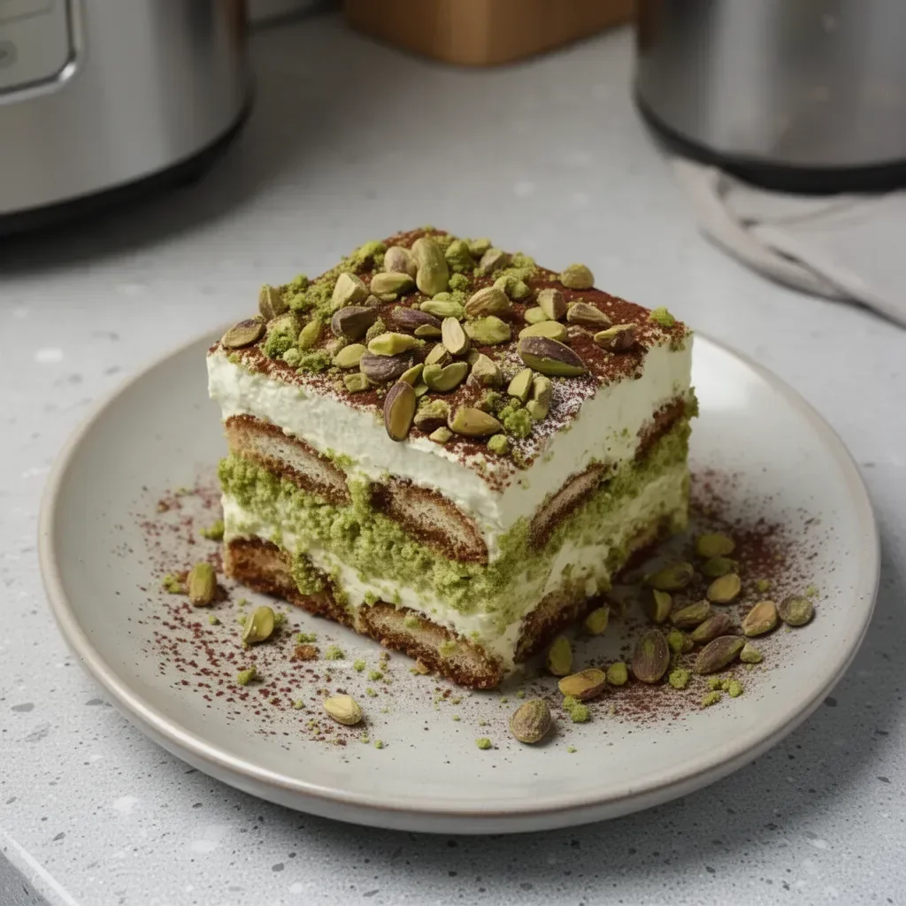 Tiramisu à la crème de pistache, un dessert italien onctueux et savoureux.
