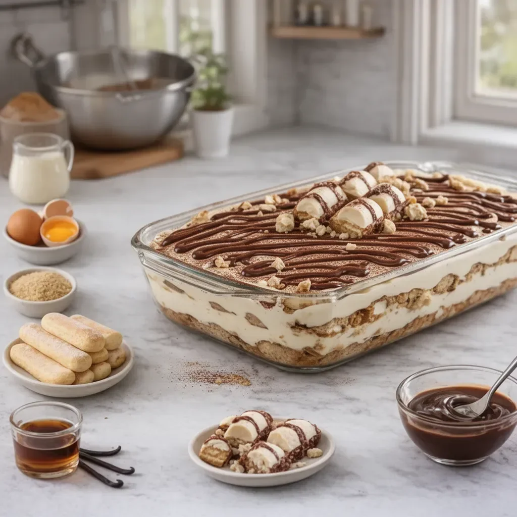 Un dessert Tiramisu Kinder Bueno présenté dans un plat élégant.