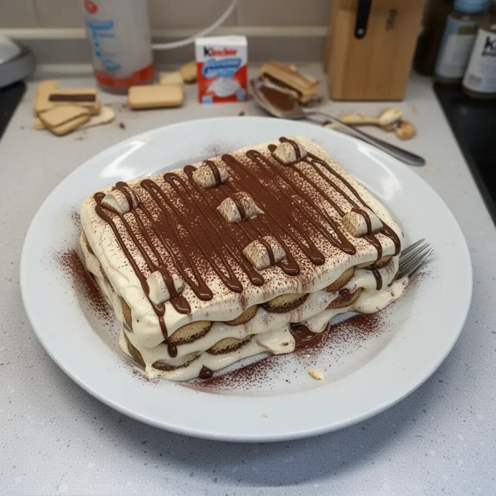 Dessert Tiramisu Kinder Bueno, un tiramisu crémeux avec des saveurs de Kinder Bueno.
