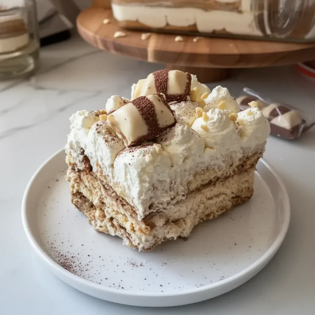 Tiramisu Kinder Bueno Blanc savoureux et crémeux, parfait pour les amateurs de dessert.
