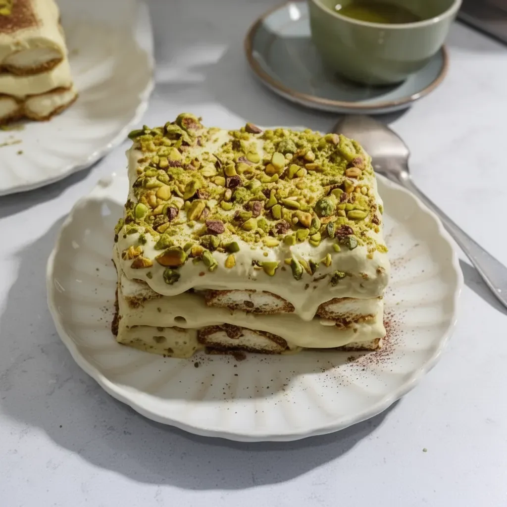 Tiramisu Pistache savoureux et crémeux, une délicieuse variante du dessert italien.