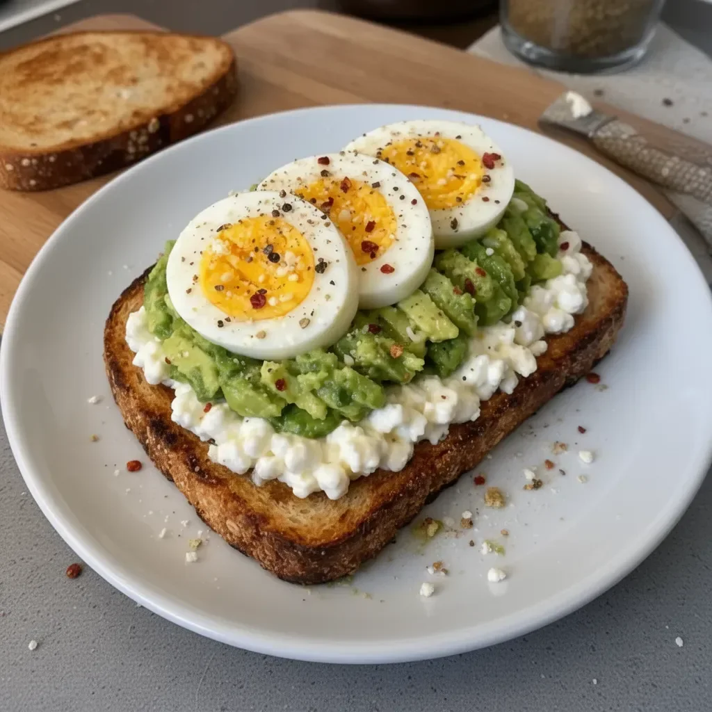 Toast de fromage cottage avec avocat garnissant un plat coloré